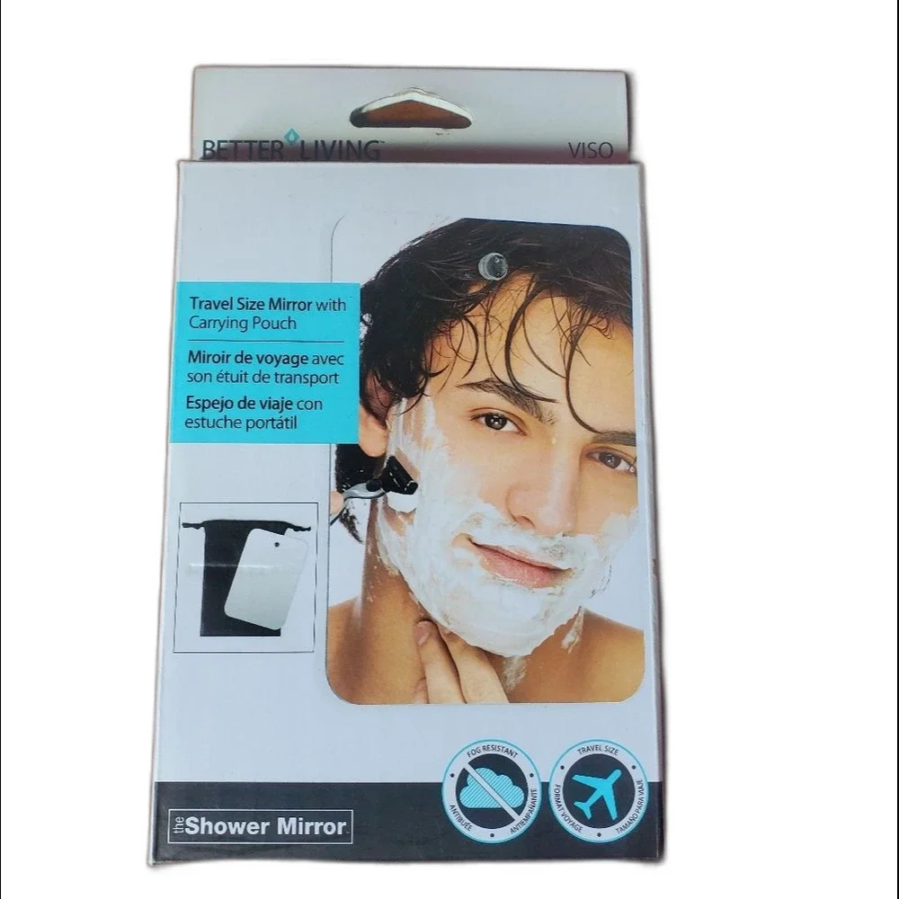 Frameless Travel Shower Mirror w/ Suction Cup & Carry Pouch Chrome Fog Resistant